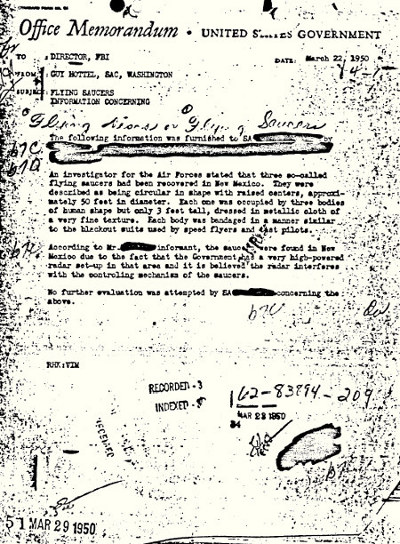 US Government Releases 1950 UFO FBI Report roswell