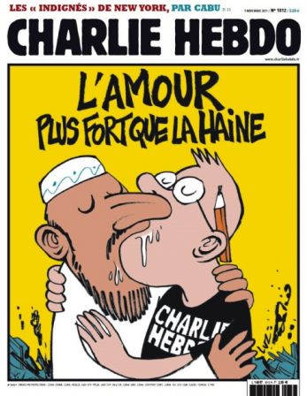 charlie hebdo 9 novembre:  prophete Mahomet embrasse un dessinateur de charlie Hebdo